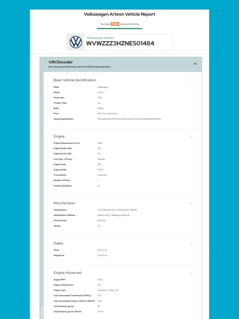 Vincario VIN Decoder information