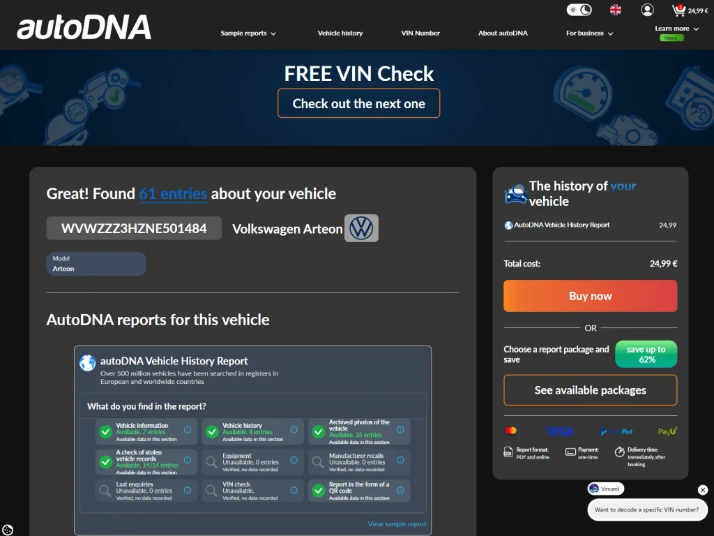 autodna vin report price